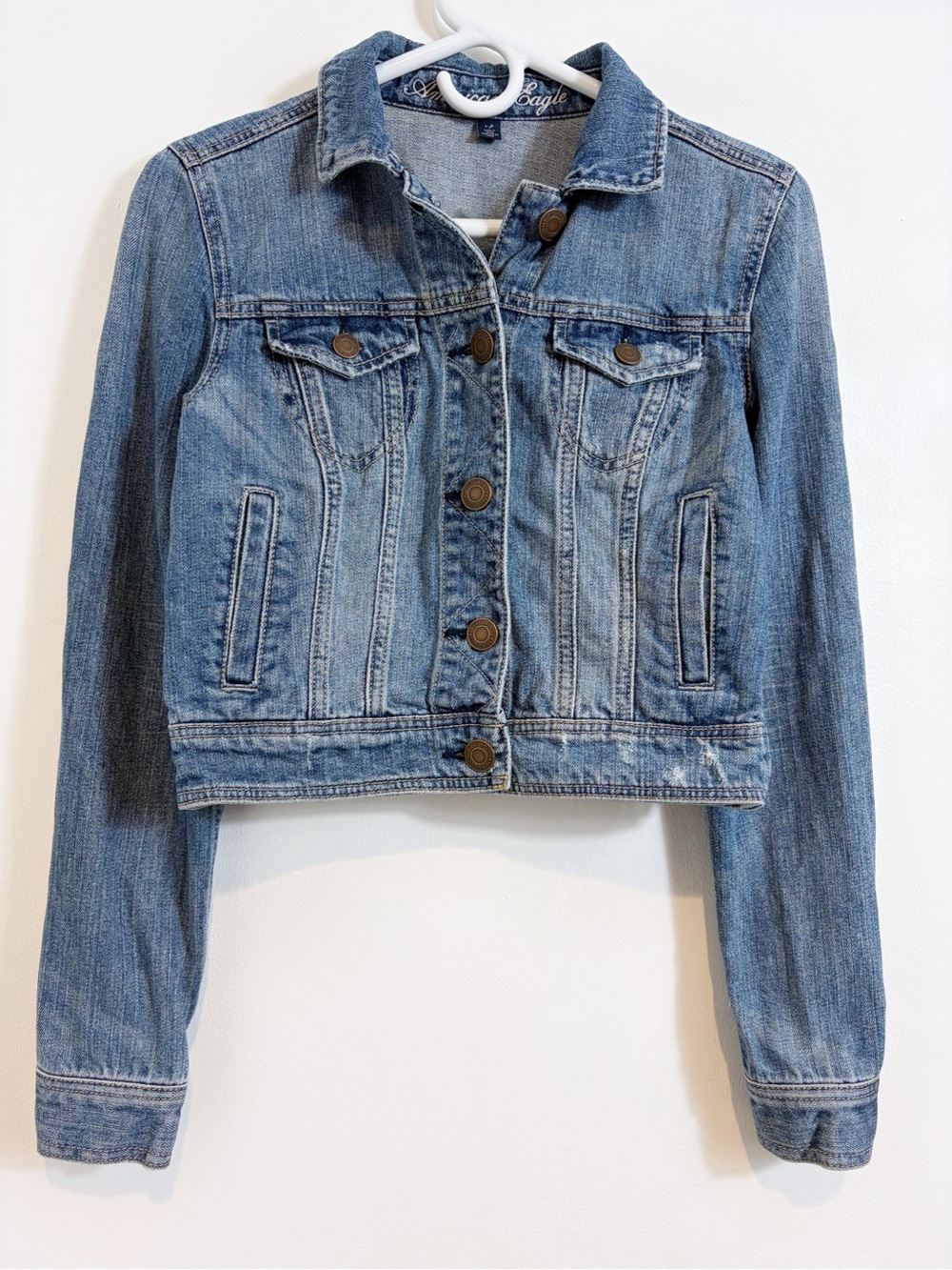 American Eagle Outfitters Cropped Distressed Cotton Denim Jean Jacket